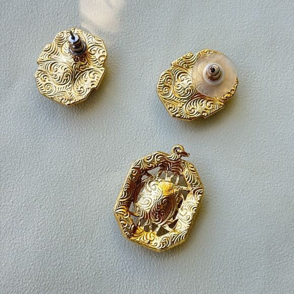 1928 Jewelry Sapphire Blue Glass Earring & Pendant Set Art Deco Revival - Picture 4 of 7